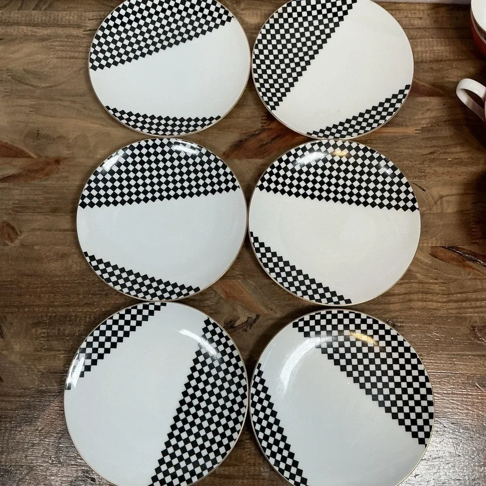 Seyei Fine‎ China Japan MCM Checkerboard Plates & Red Teacup Retro Mod Set
